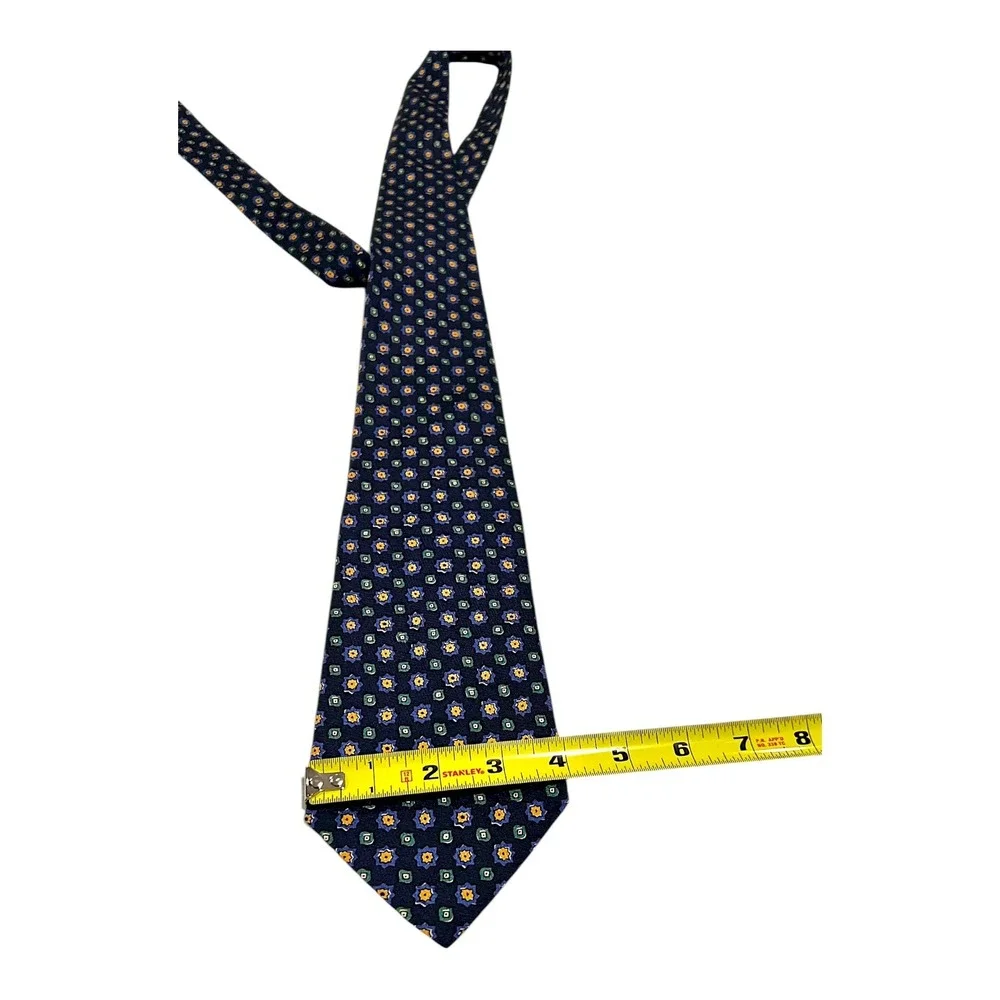 Polo Ralph Lauren Mens Floral Necktie Navy Blue Yellow Green Plaid Hand Made‎